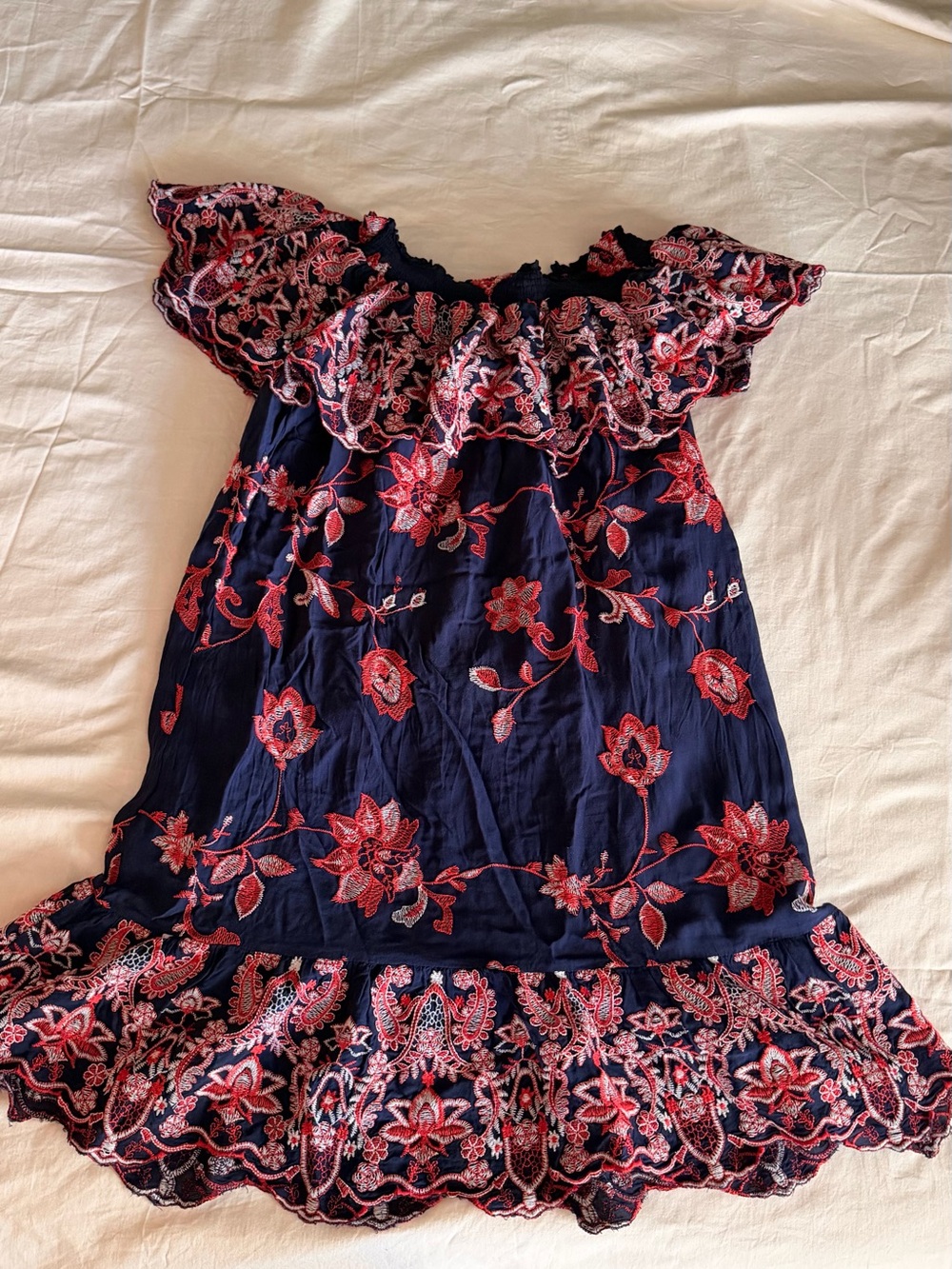 Girls Navy Blue Floral Embroidered Off-Shoulder Dress